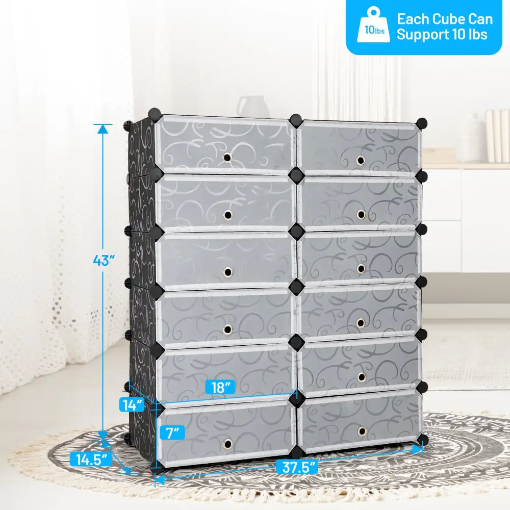 12-Cube DIY Portable Plastic Shoe Rack with Transparent Doors - Black - Shoe Racks & Storage Benches