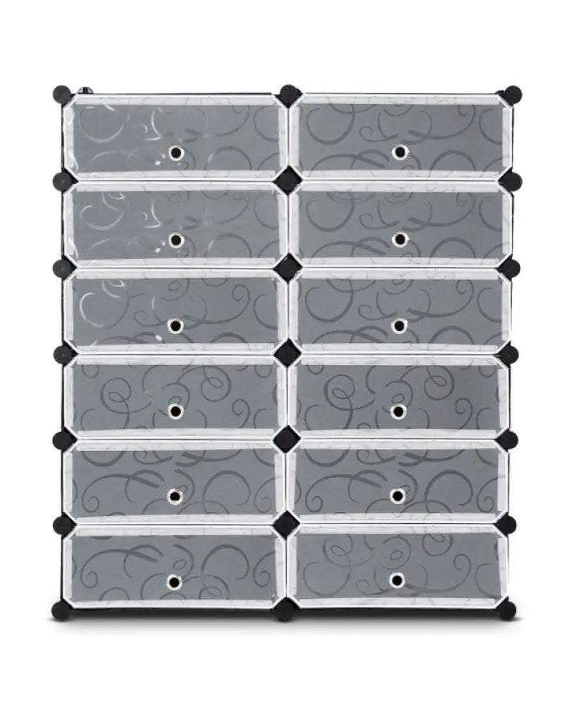 12-Cube DIY Portable Plastic Shoe Rack with Transparent Doors - Black - Shoe Racks & Storage Benches