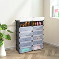 12-Cube DIY Portable Plastic Shoe Rack with Transparent Doors - Black - Shoe Racks & Storage Benches