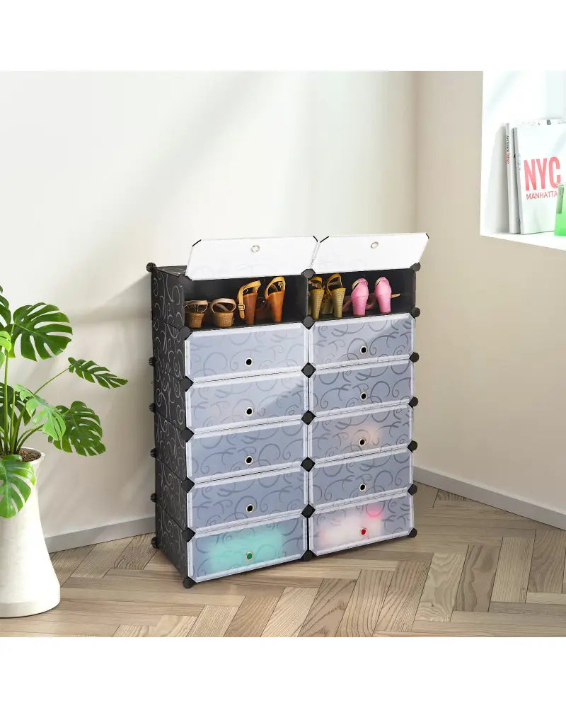 12-Cube DIY Portable Plastic Shoe Rack with Transparent Doors - Black - Shoe Racks & Storage Benches