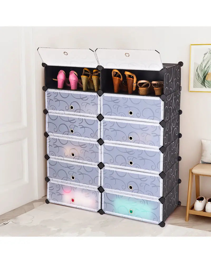 12-Cube DIY Portable Plastic Shoe Rack with Transparent Doors - Black - Shoe Racks & Storage Benches