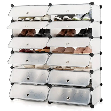 12-Cube DIY Portable Plastic Shoe Rack with Transparent Doors-White - White - Shoe Racks & Storage Benches
