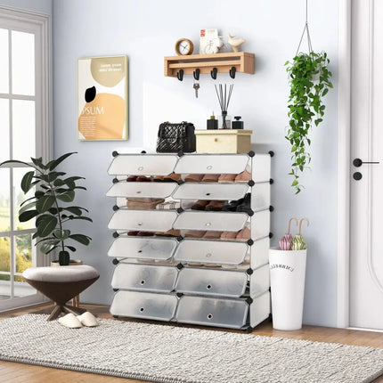 12-Cube DIY Portable Plastic Shoe Rack with Transparent Doors-White - White - Shoe Racks & Storage Benches