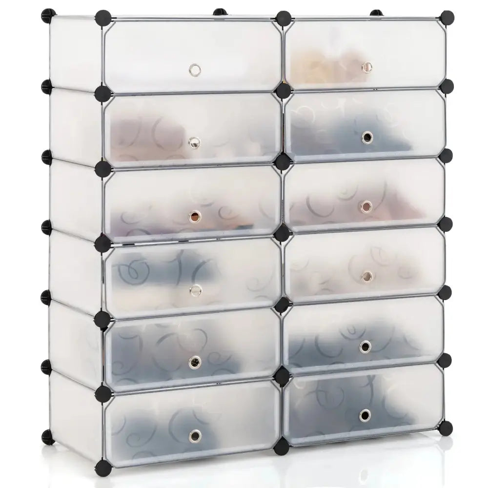 12-Cube DIY Portable Plastic Shoe Rack with Transparent Doors-White - White - Shoe Racks & Storage Benches
