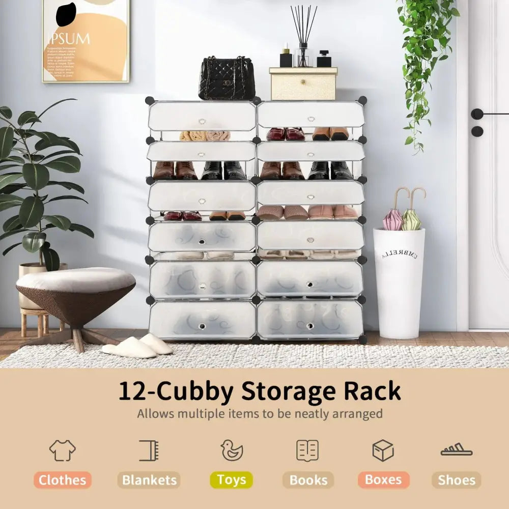 12-Cube DIY Portable Plastic Shoe Rack with Transparent Doors-White - White - Shoe Racks & Storage Benches