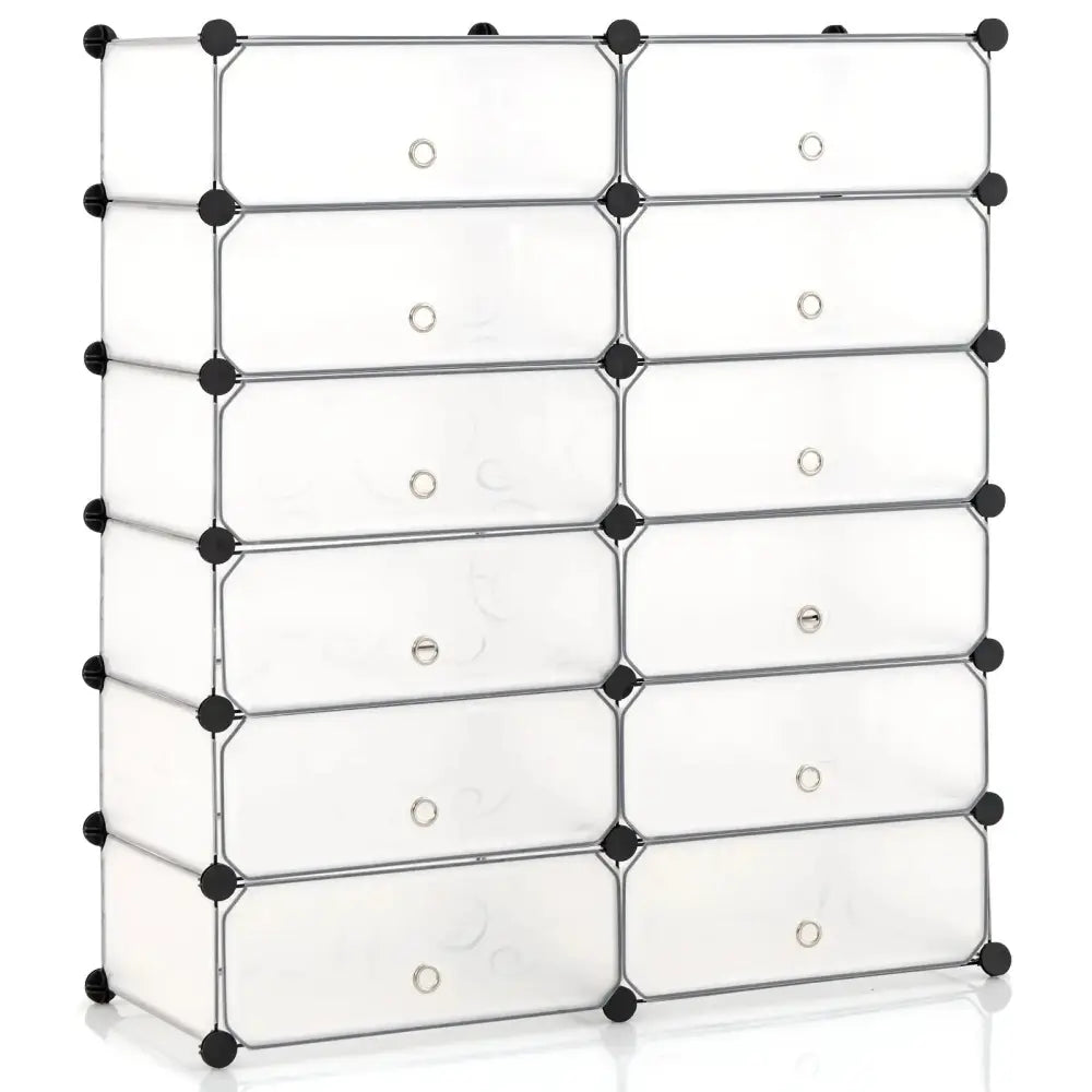 12-Cube DIY Portable Plastic Shoe Rack with Transparent Doors-White - White - Shoe Racks & Storage Benches