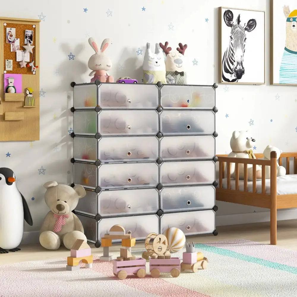 12-Cube DIY Portable Plastic Shoe Rack with Transparent Doors-White - White - Shoe Racks & Storage Benches