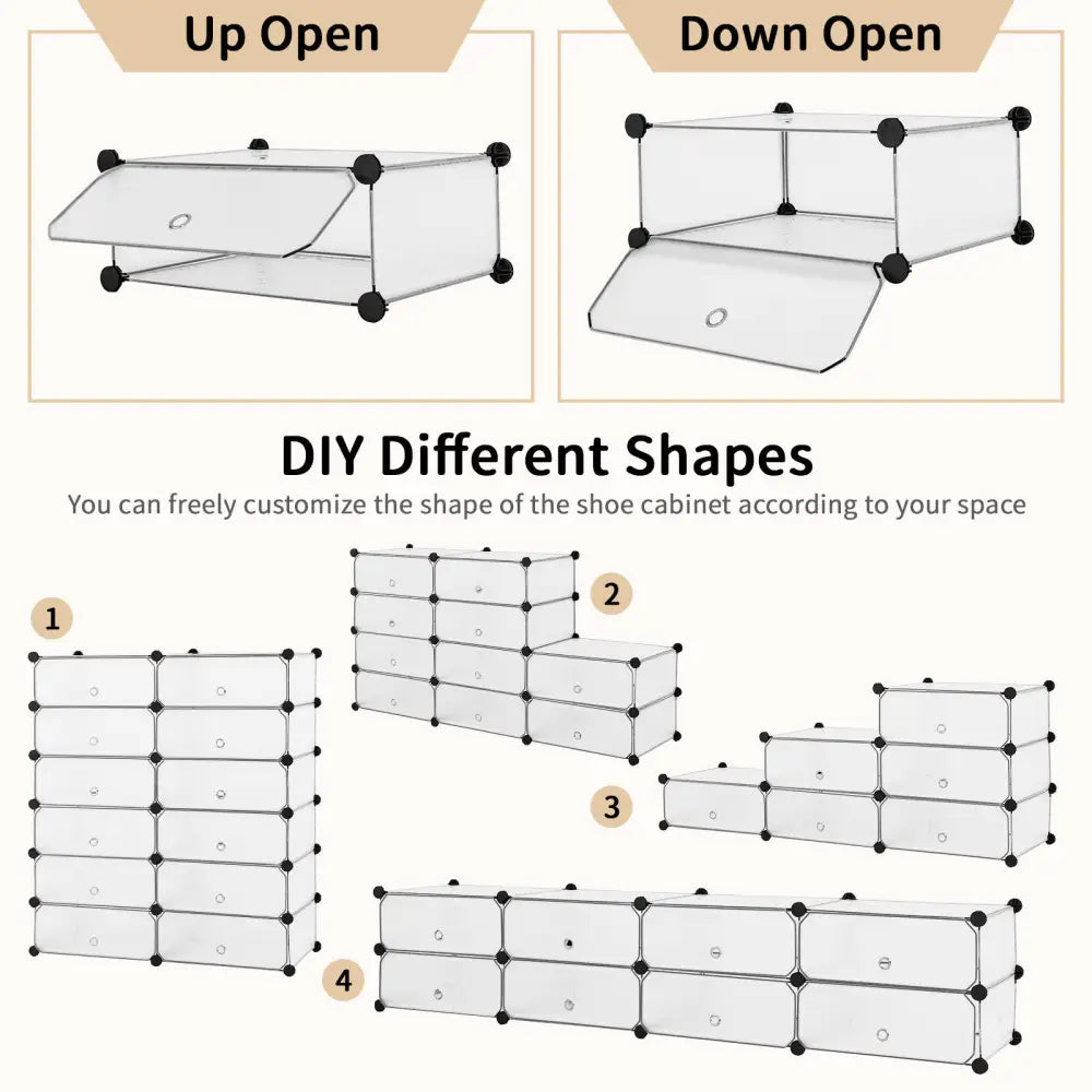 12-Cube DIY Portable Plastic Shoe Rack with Transparent Doors-White - White - Shoe Racks & Storage Benches