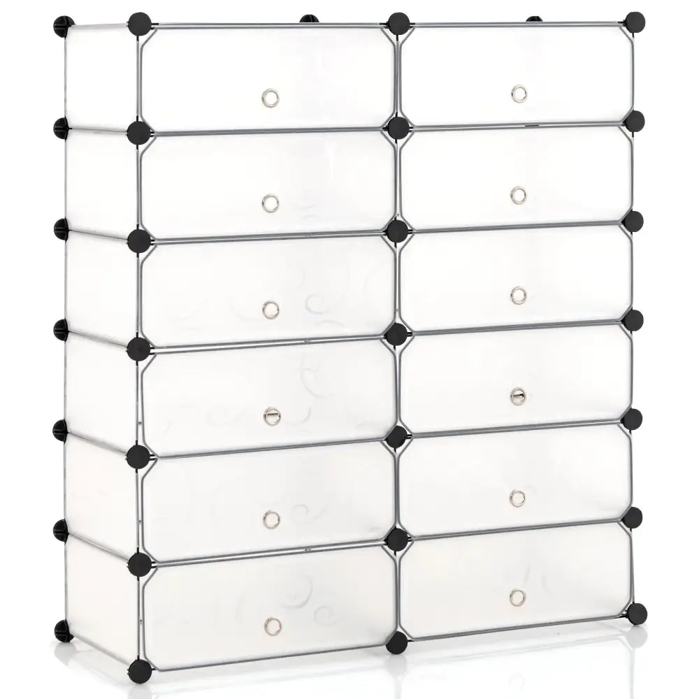 12-Cube DIY Portable Plastic Shoe Rack with Transparent Doors-White - White - Shoe Racks & Storage Benches