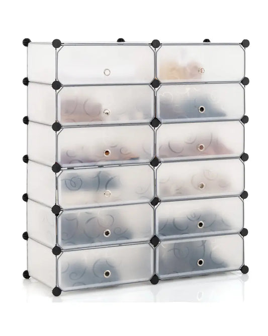 12-Cube DIY Portable Plastic Shoe Rack with Transparent Doors-White - White - Shoe Racks & Storage Benches