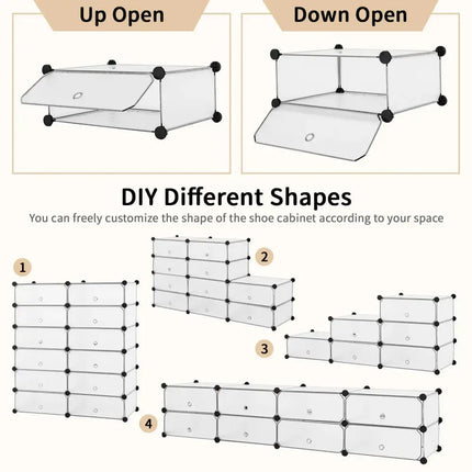 12-Cube DIY Portable Plastic Shoe Rack with Transparent Doors-White - White - Shoe Racks & Storage Benches