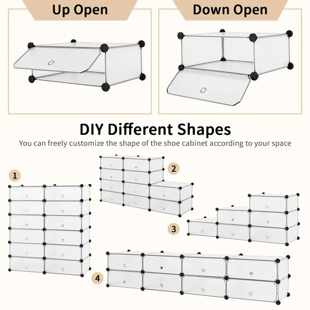 12-Cube DIY Portable Plastic Shoe Rack with Transparent Doors-White - White - Shoe Racks & Storage Benches