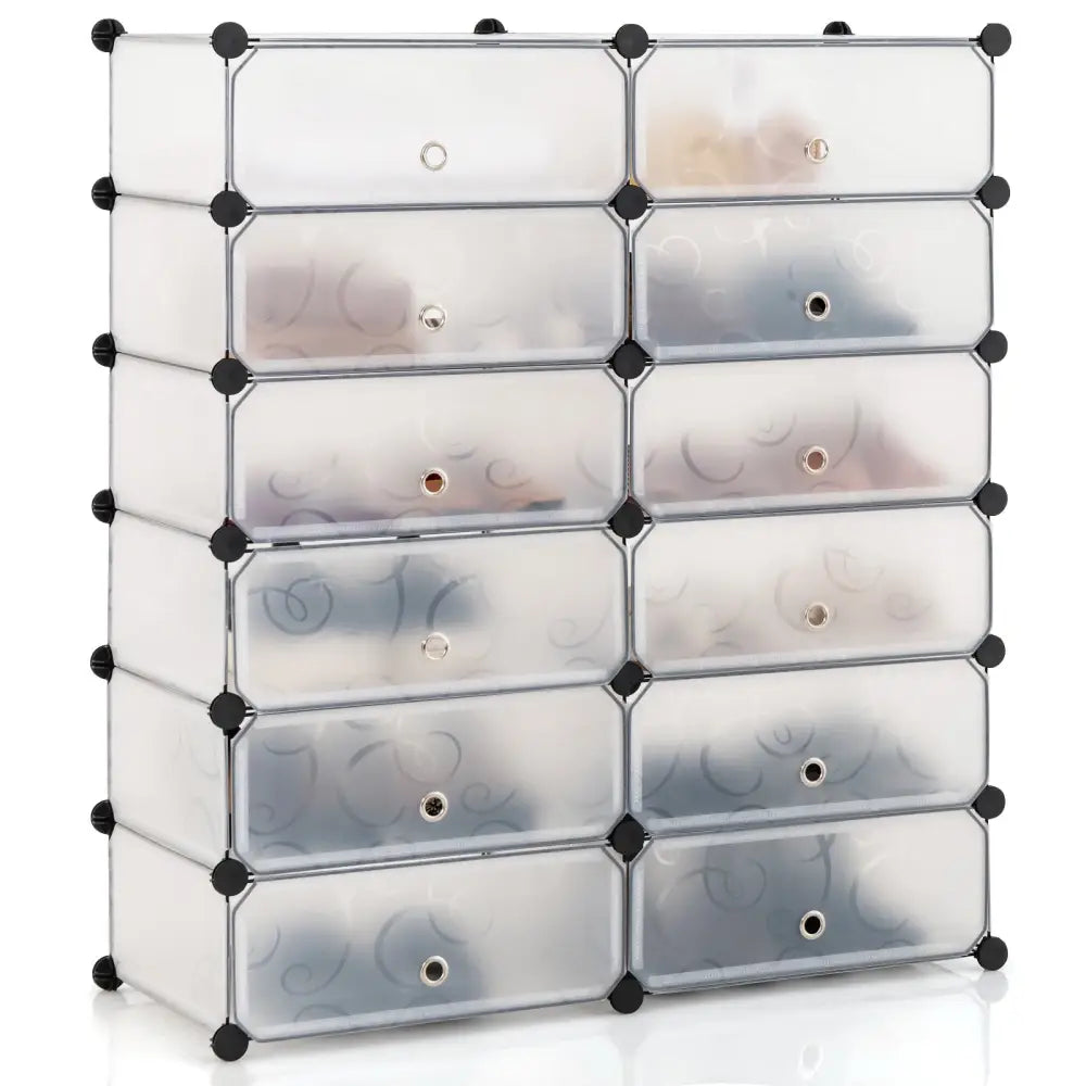12-Cube DIY Portable Plastic Shoe Rack with Transparent Doors-White - White - Shoe Racks & Storage Benches