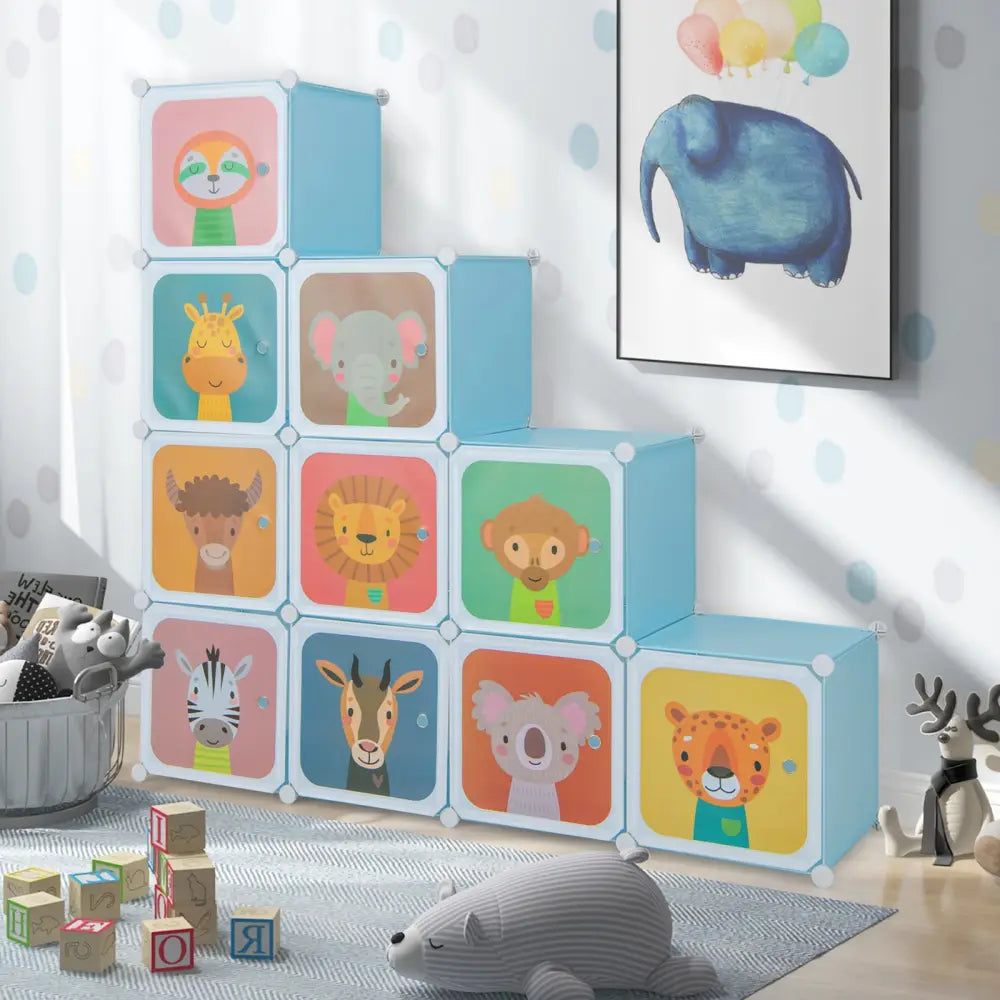 12 Cube Kids Wardrobe Closet with Hanging Section and Doors-Blue - Blue - Kids Storage