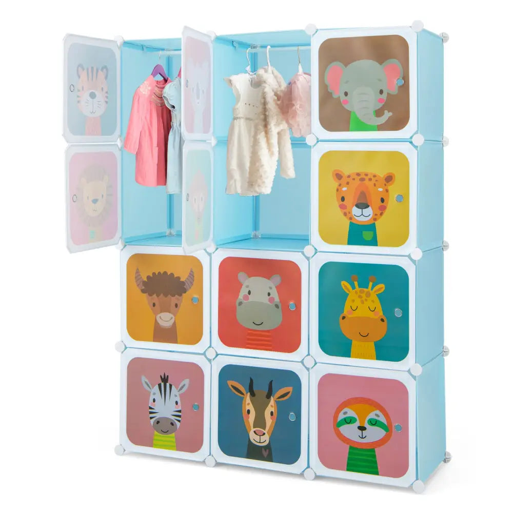 12 Cube Kids Wardrobe Closet with Hanging Section and Doors-Blue - Blue - Kids Storage