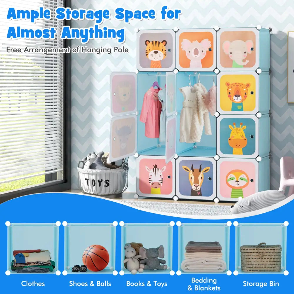 12 Cube Kids Wardrobe Closet with Hanging Section and Doors-Blue - Blue - Kids Storage