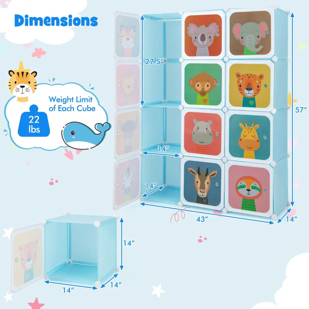 12 Cube Kids Wardrobe Closet with Hanging Section and Doors-Blue - Blue - Kids Storage