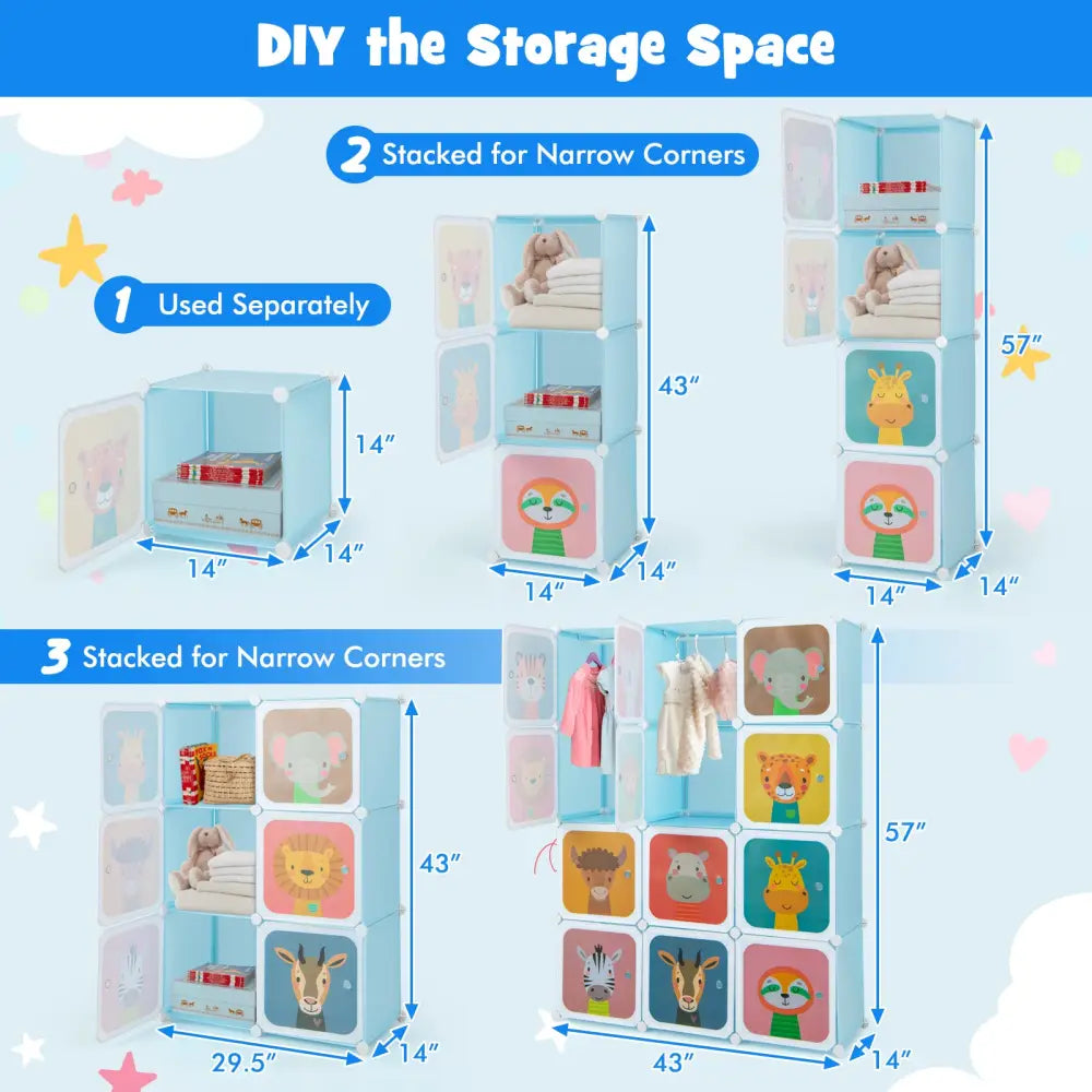 12 Cube Kids Wardrobe Closet with Hanging Section and Doors-Blue - Blue - Kids Storage
