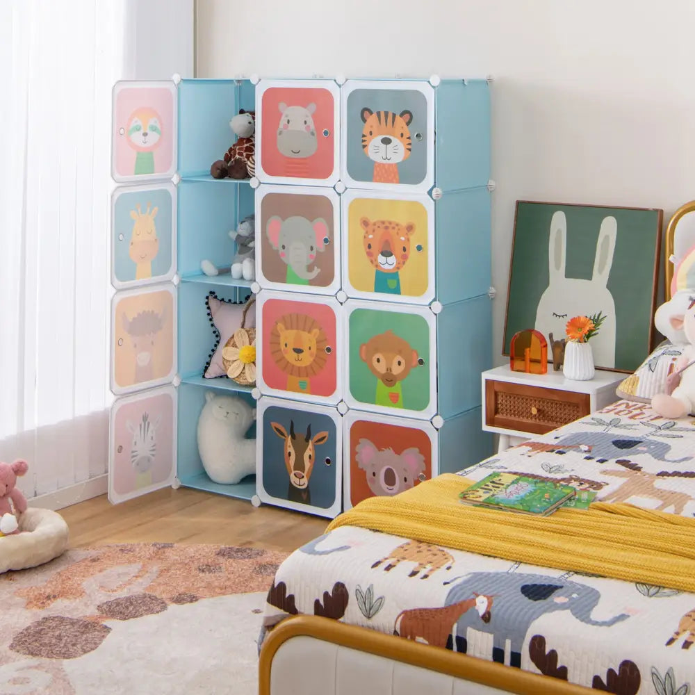12 Cube Kids Wardrobe Closet with Hanging Section and Doors-Blue - Blue - Kids Storage