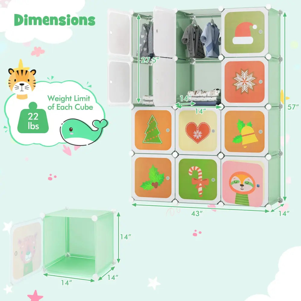 12 Cube Kids Wardrobe Closet with Hanging Section and Doors-Green - Green - Kids Storage