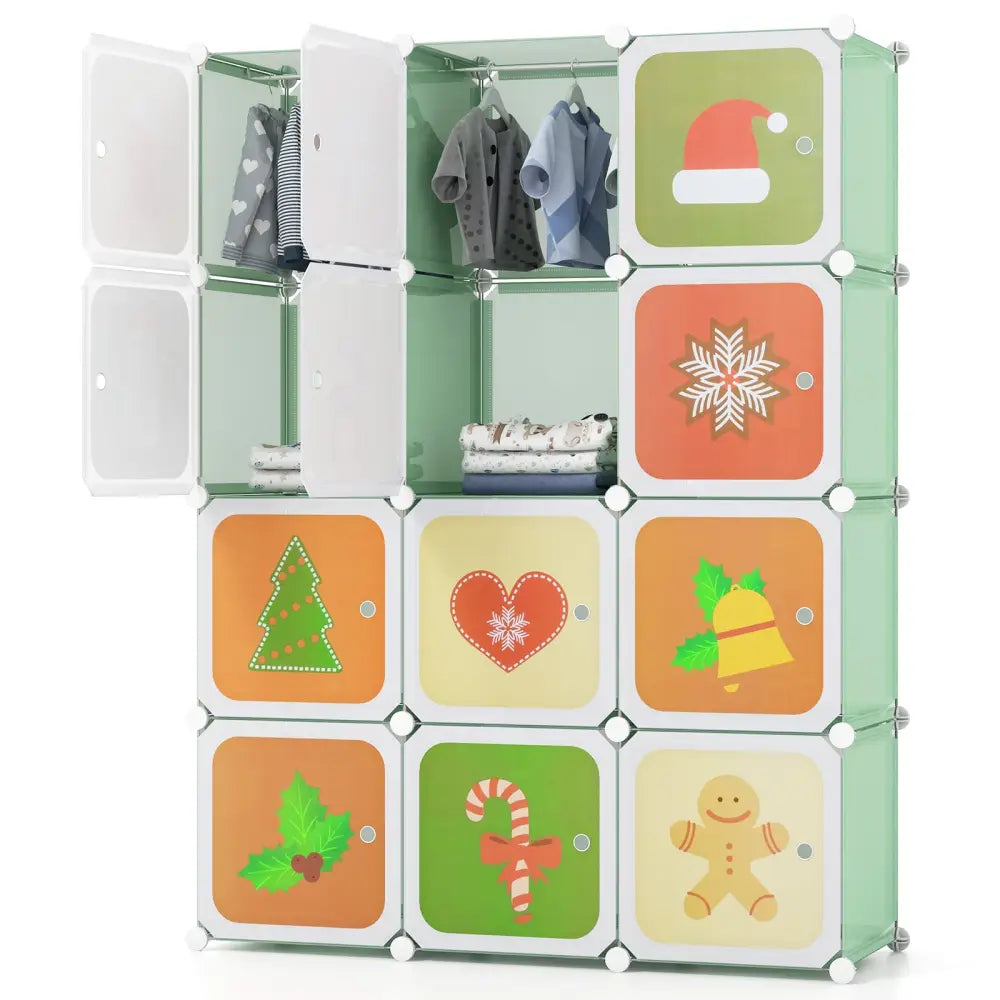 12 Cube Kids Wardrobe Closet with Hanging Section and Doors-Green - Green - Kids Storage