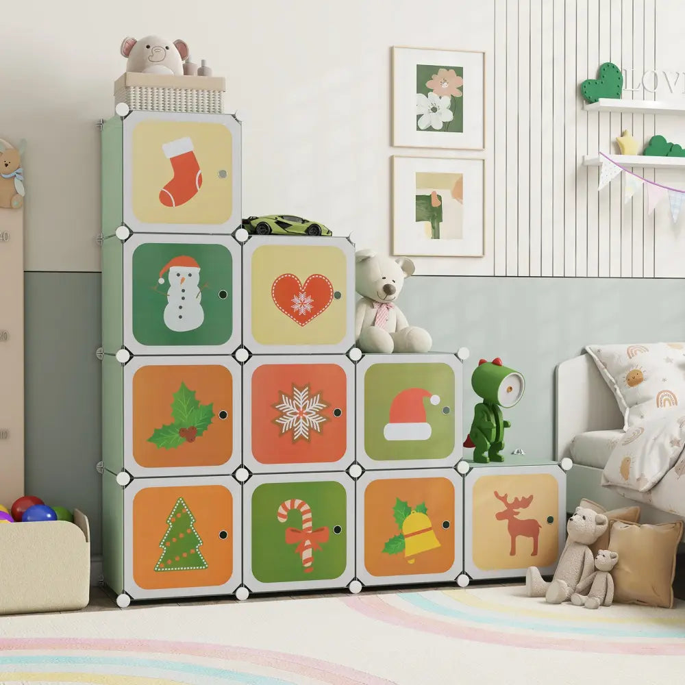 12 Cube Kids Wardrobe Closet with Hanging Section and Doors-Green - Green - Kids Storage