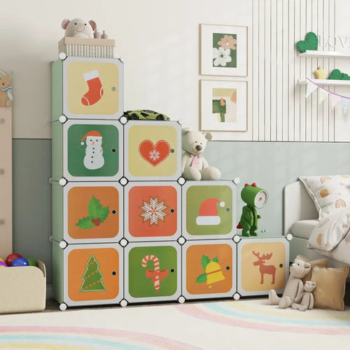12 Cube Kids Wardrobe Closet with Hanging Section and Doors-Green - Green - Kids Storage