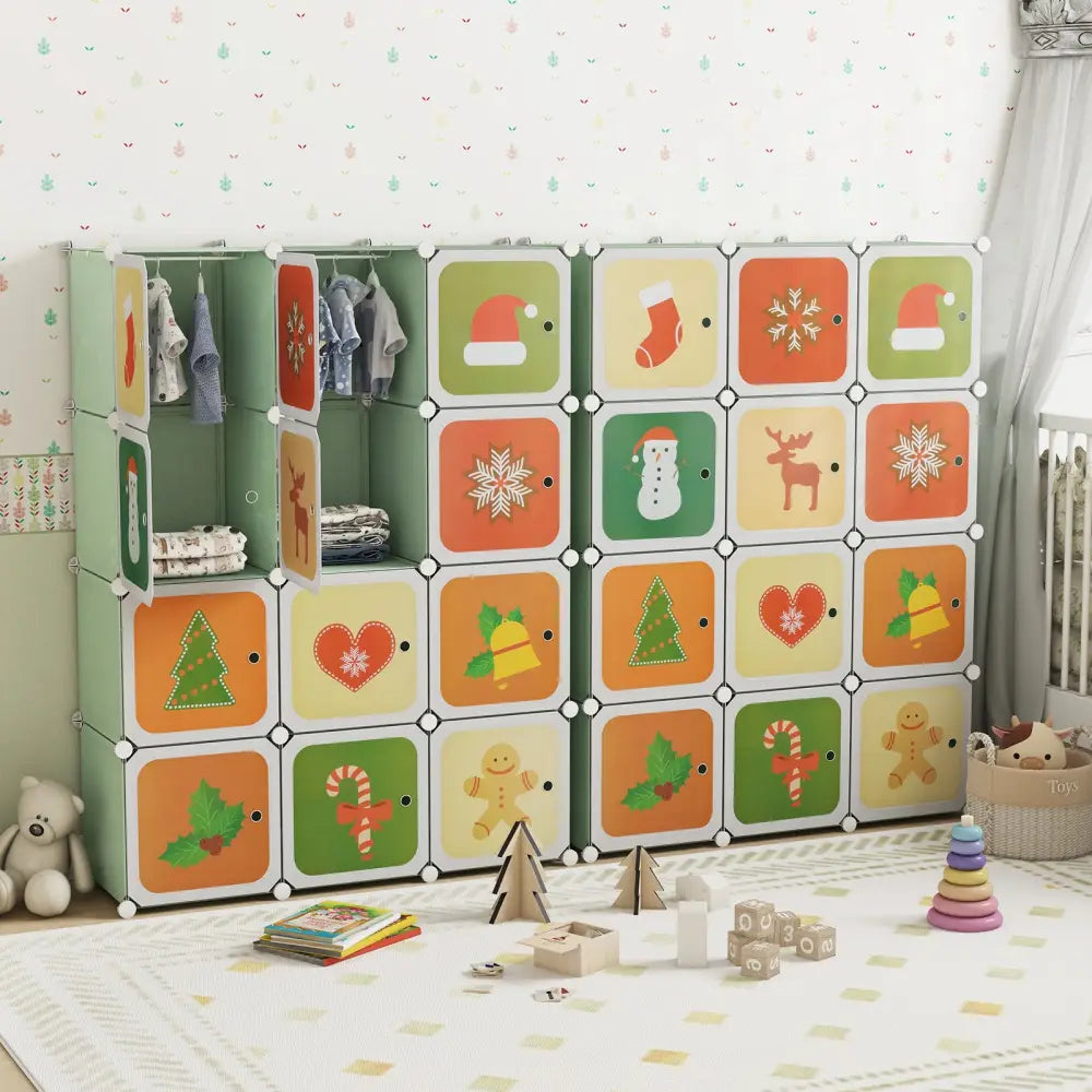 12 Cube Kids Wardrobe Closet with Hanging Section and Doors-Green - Green - Kids Storage