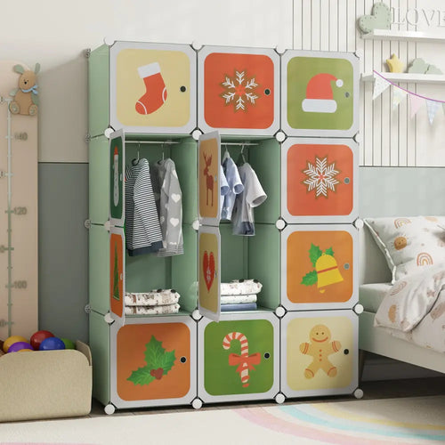 12 Cube Kids Wardrobe Closet with Hanging Section and Doors-Green - Green - Kids Storage
