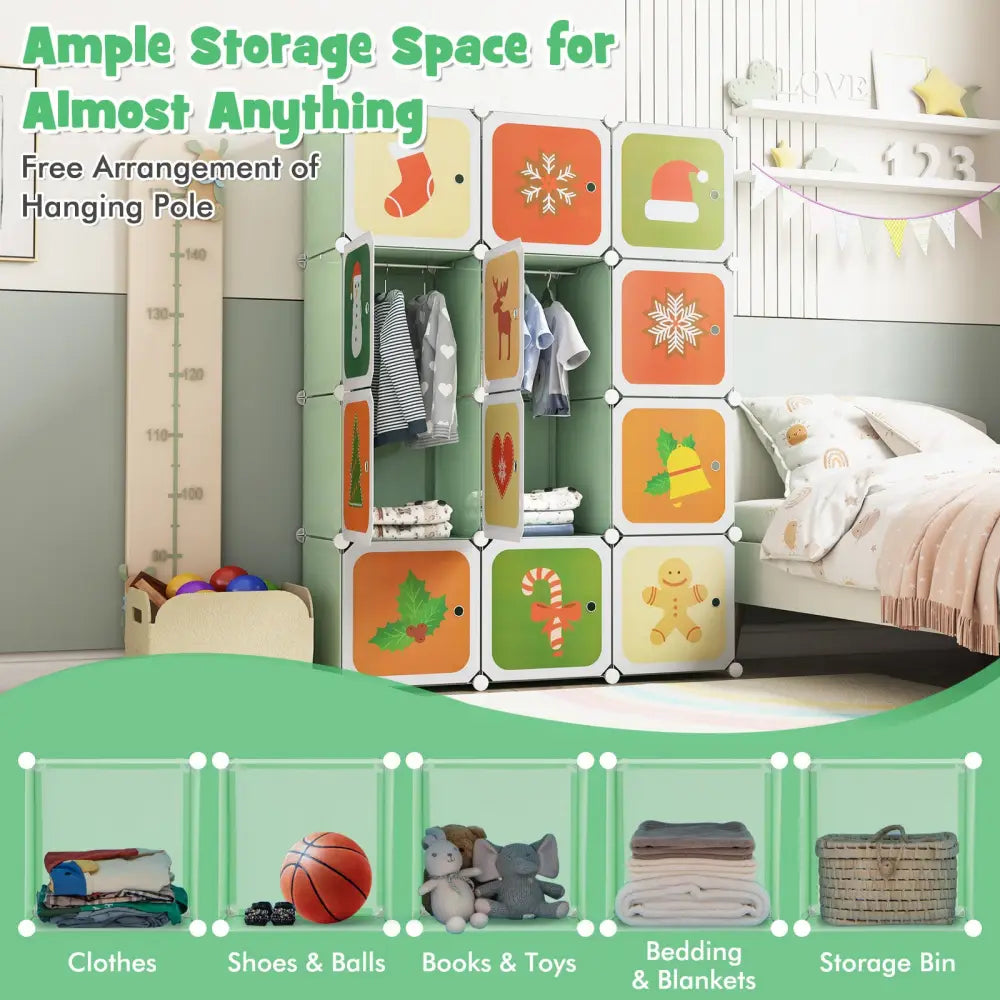 12 Cube Kids Wardrobe Closet with Hanging Section and Doors-Green - Green - Kids Storage