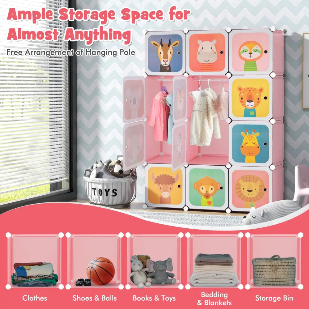 12 Cube Kids Wardrobe Closet with Hanging Section and Doors-Pink - Pink - Kids Storage