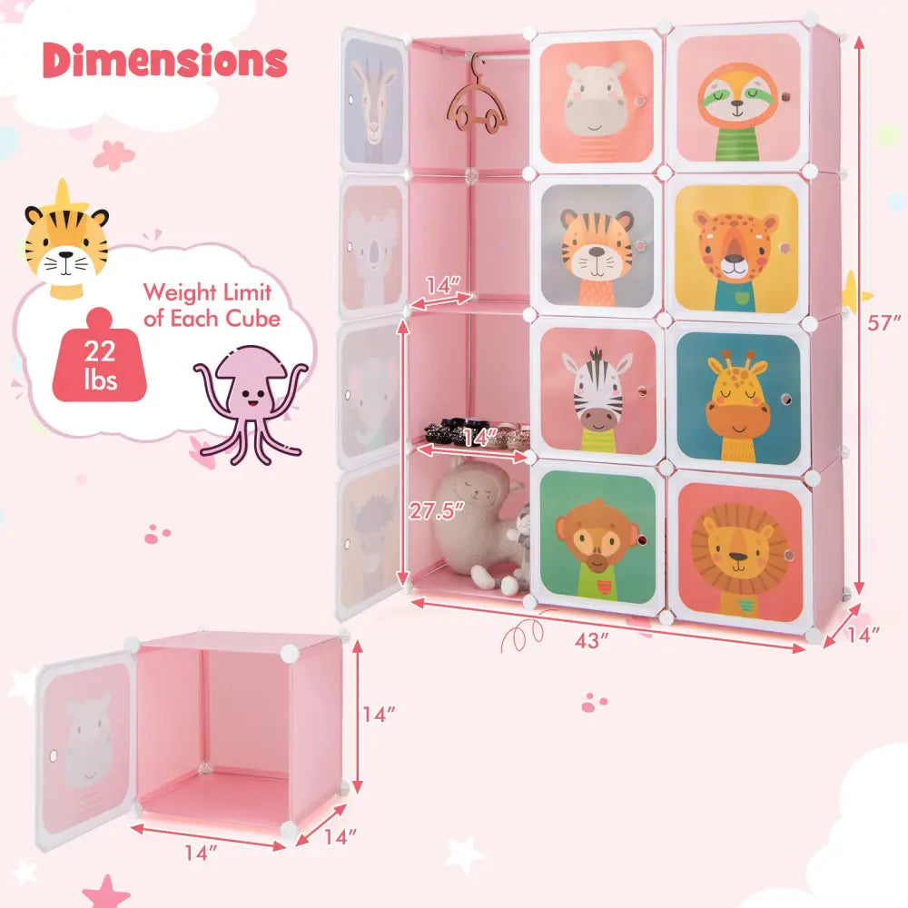 12 Cube Kids Wardrobe Closet with Hanging Section and Doors-Pink - Pink - Kids Storage
