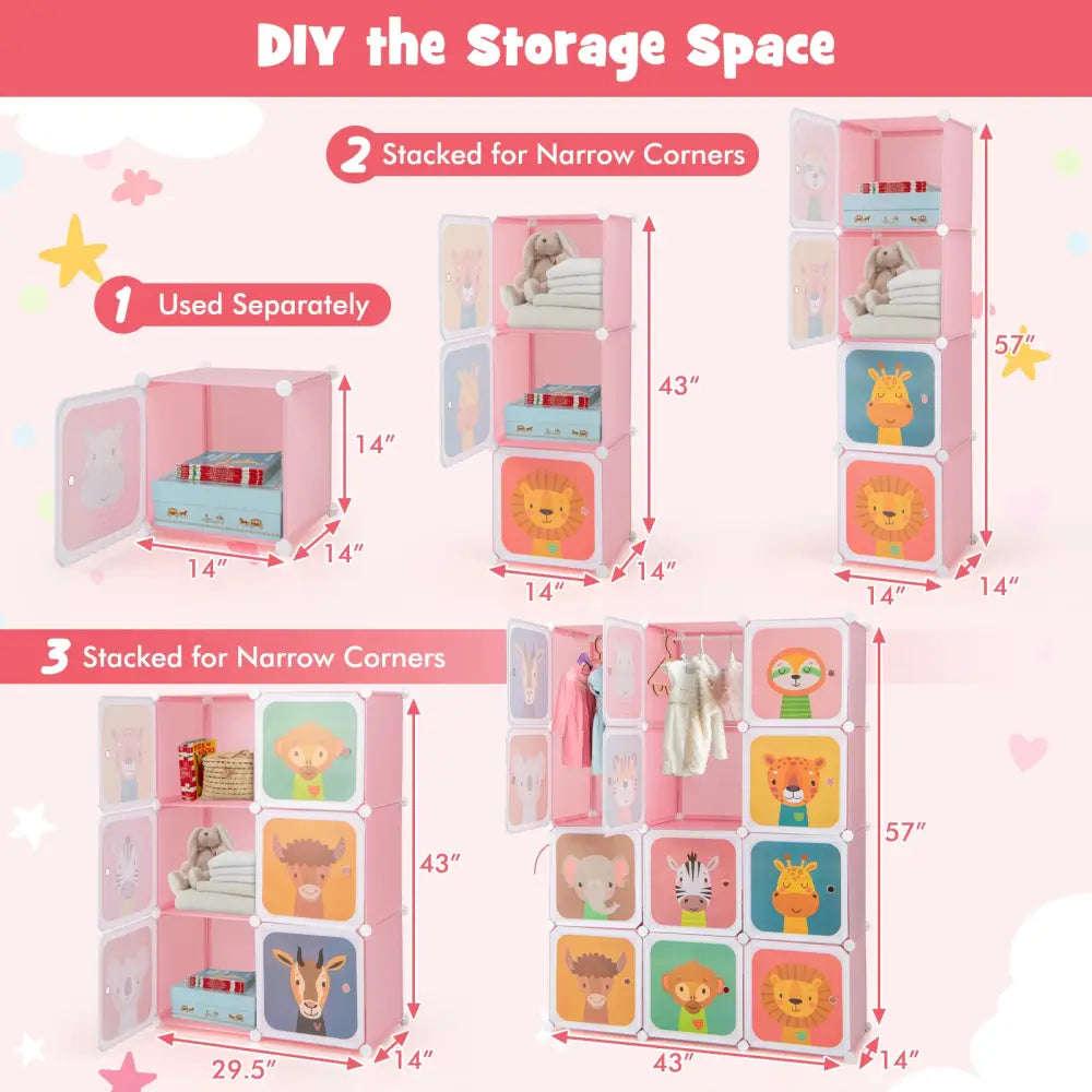 12 Cube Kids Wardrobe Closet with Hanging Section and Doors-Pink - Pink - Kids Storage