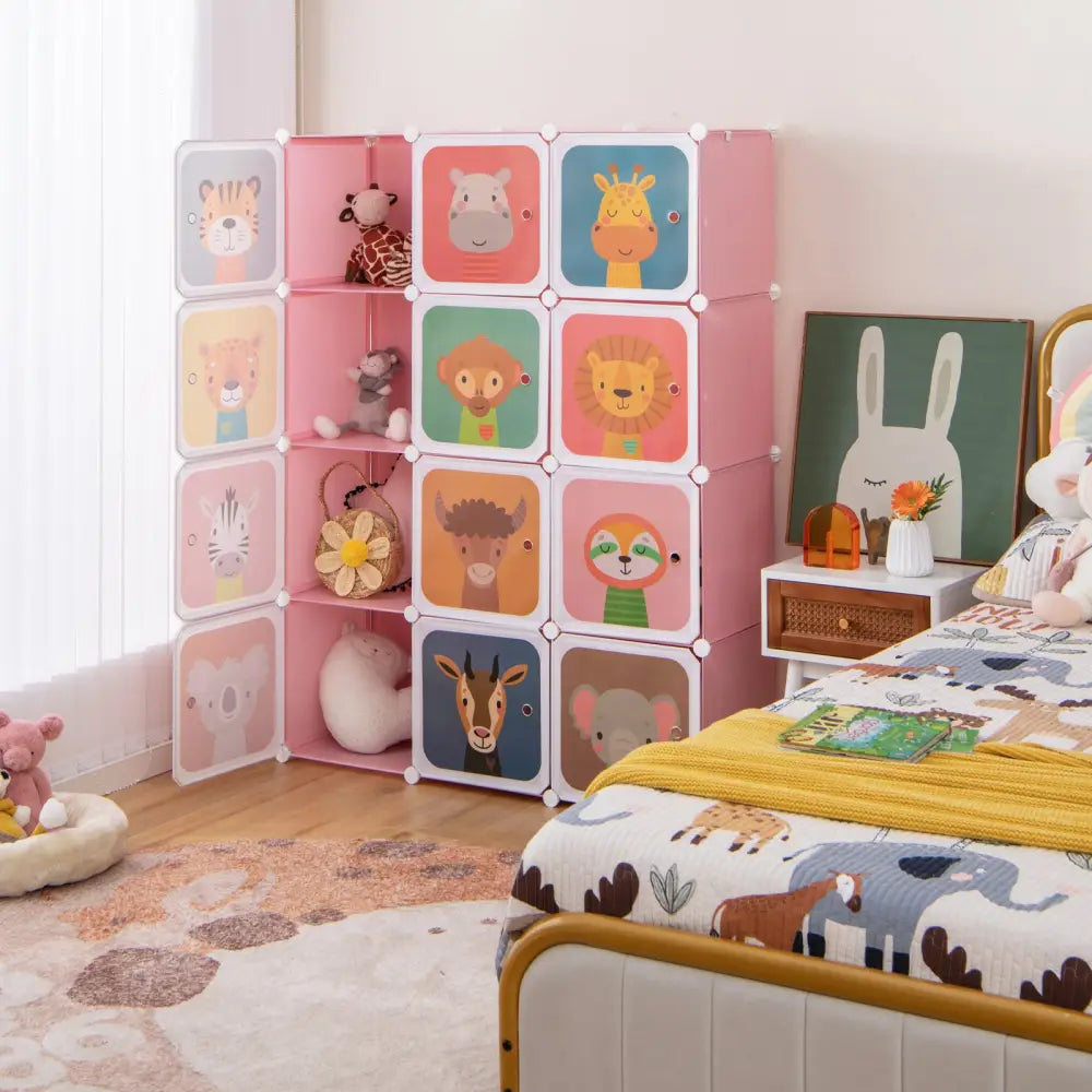 12 Cube Kids Wardrobe Closet with Hanging Section and Doors-Pink - Pink - Kids Storage