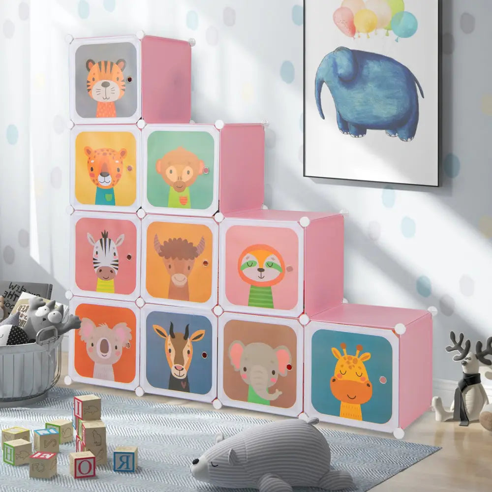 12 Cube Kids Wardrobe Closet with Hanging Section and Doors-Pink - Pink - Kids Storage