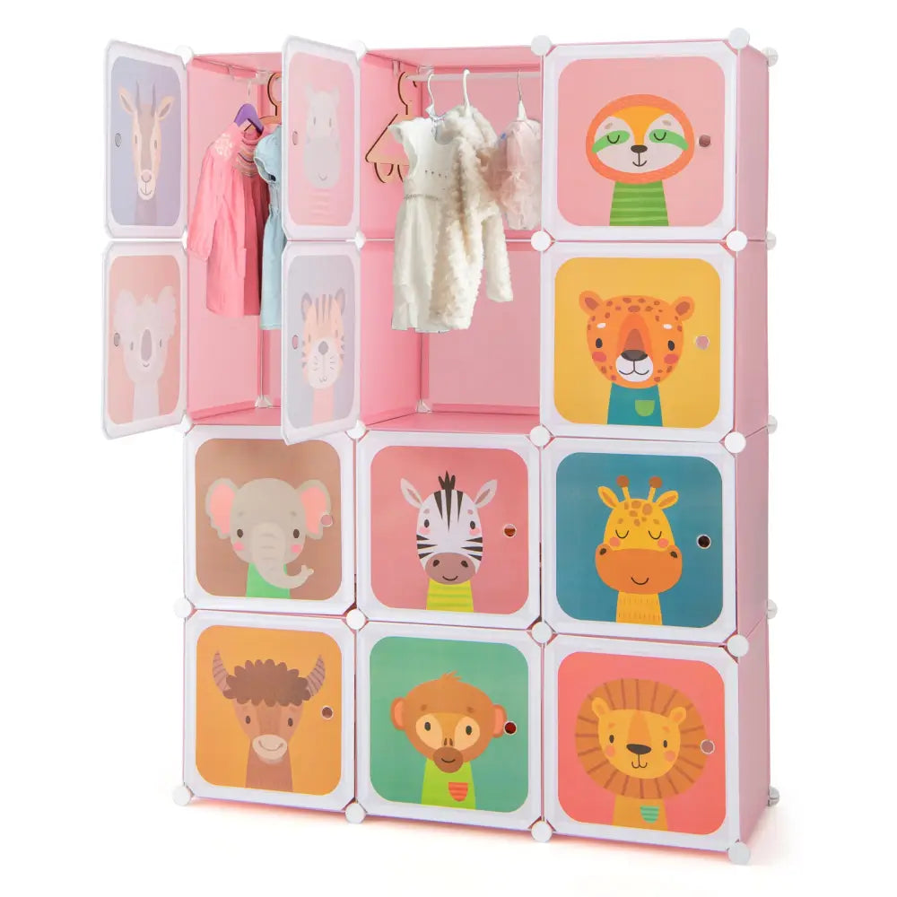 12 Cube Kids Wardrobe Closet with Hanging Section and Doors-Pink - Pink - Kids Storage