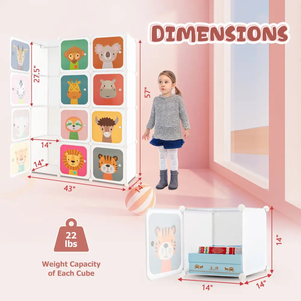 12 Cube Kids Wardrobe Closet with Hanging Section and Doors-White - White - Kids Storage