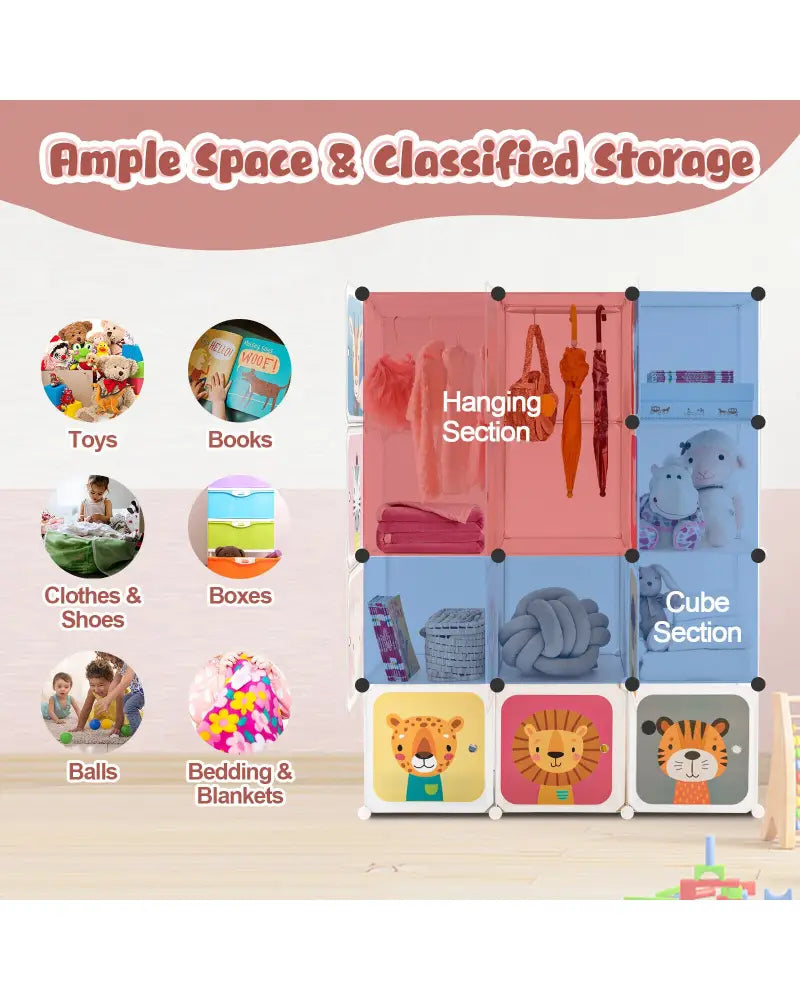 12 Cube Kids Wardrobe Closet with Hanging Section and Doors-White - White - Kids Storage