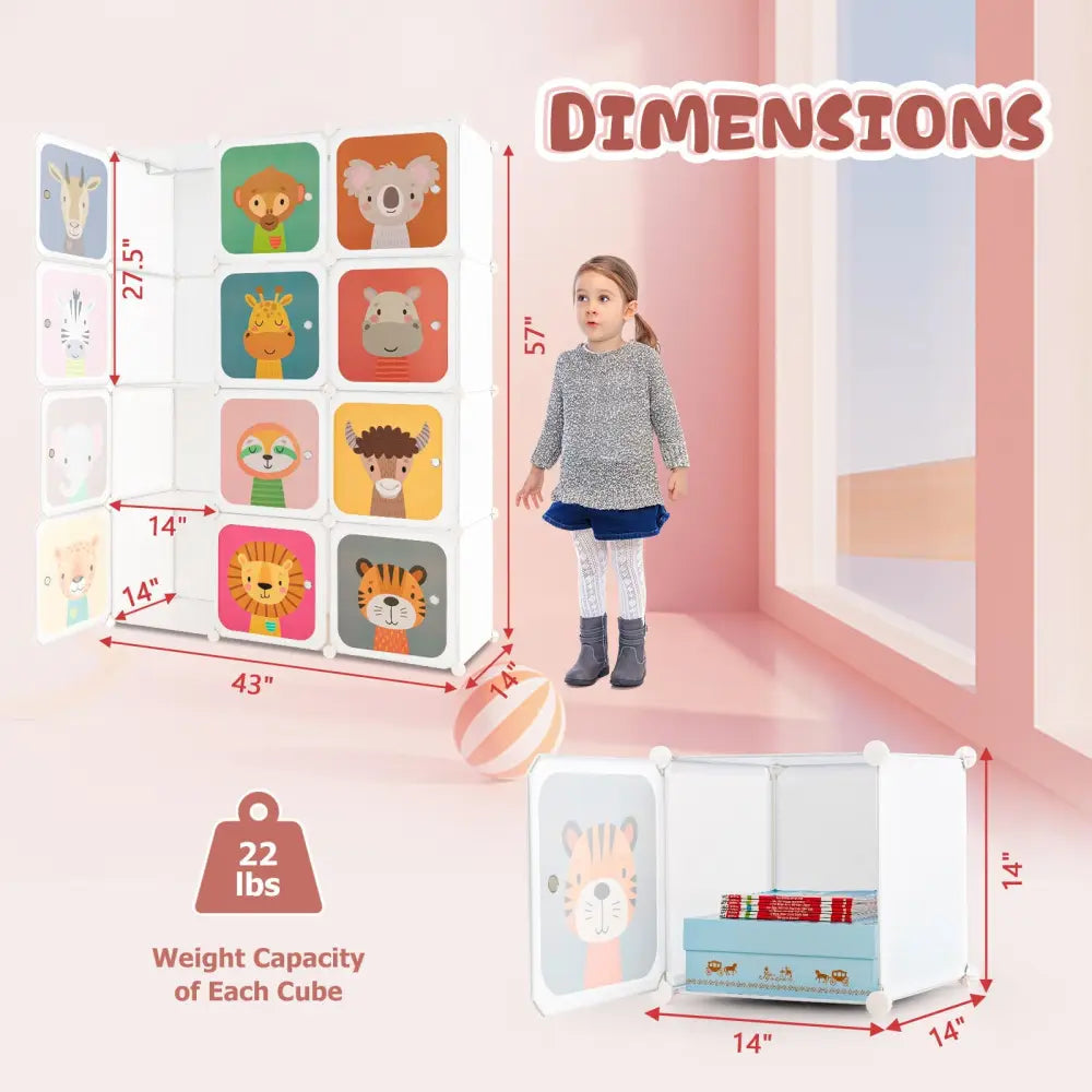 12 Cube Kids Wardrobe Closet with Hanging Section and Doors-White - White - Kids Storage