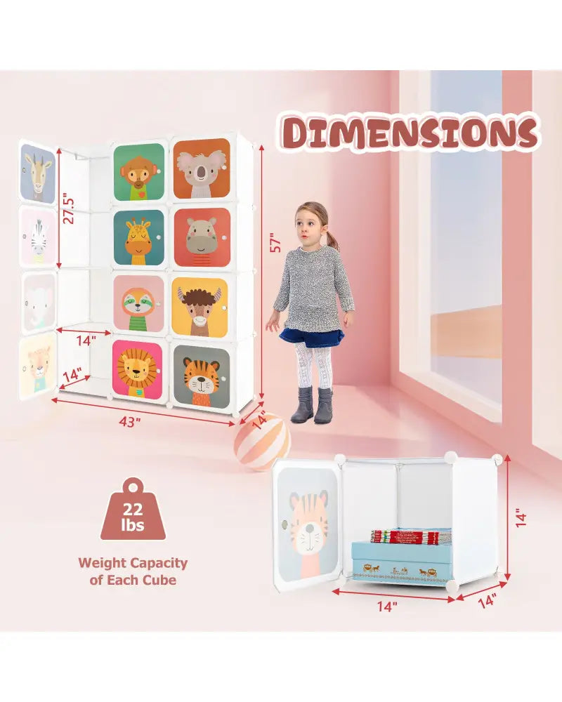 12 Cube Kids Wardrobe Closet with Hanging Section and Doors-White - White - Kids Storage
