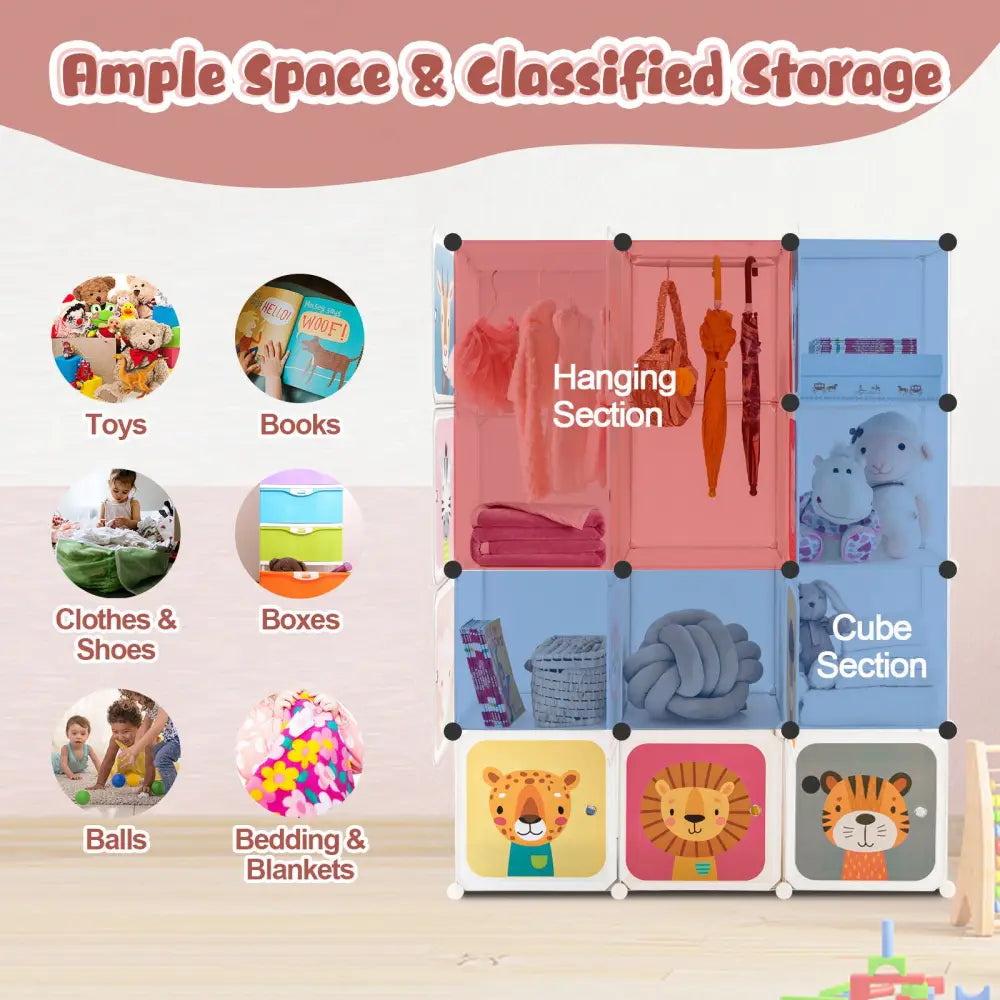 12 Cube Kids Wardrobe Closet with Hanging Section and Doors-White - White - Kids Storage