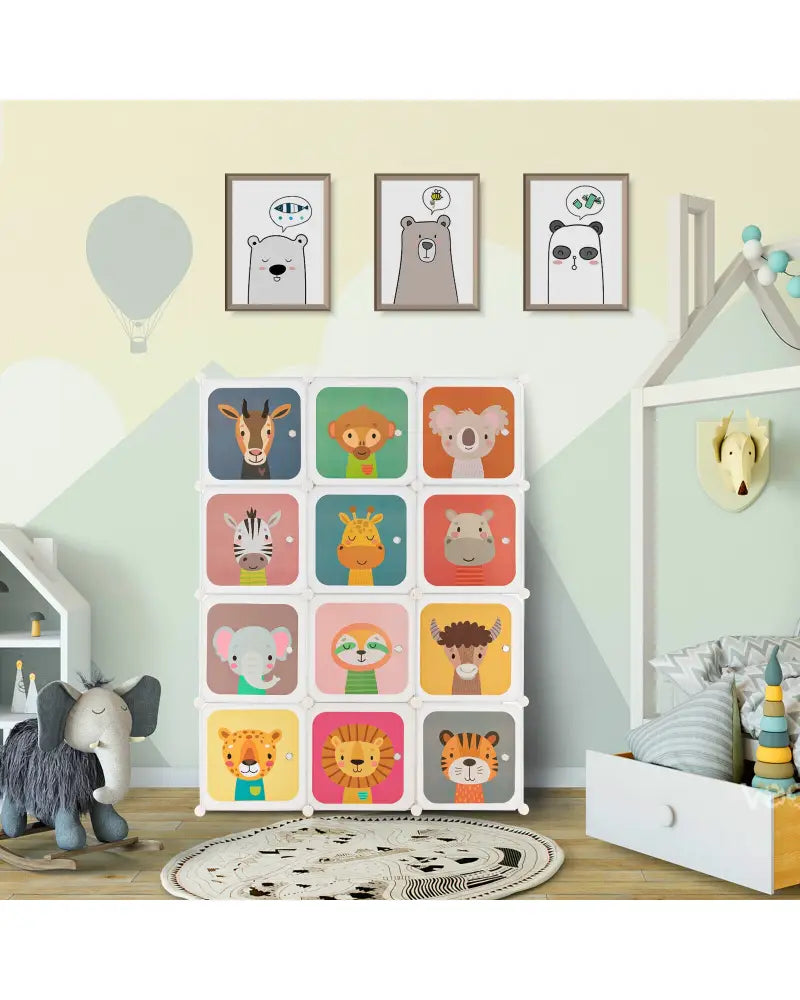 12 Cube Kids Wardrobe Closet with Hanging Section and Doors-White - White - Kids Storage