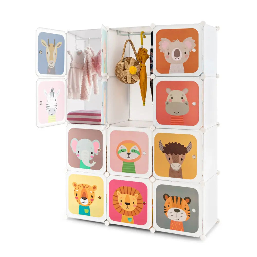 12 Cube Kids Wardrobe Closet with Hanging Section and Doors-White - White - Kids Storage