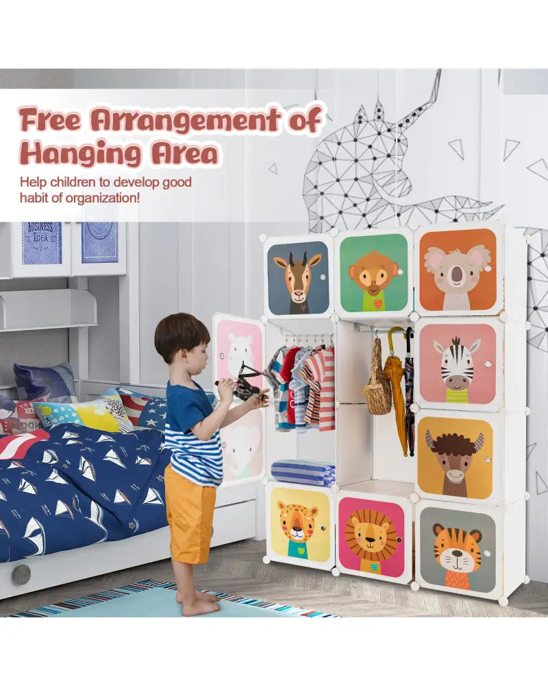 12 Cube Kids Wardrobe Closet with Hanging Section and Doors-White - White - Kids Storage