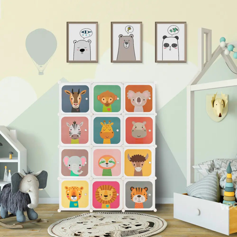 12 Cube Kids Wardrobe Closet with Hanging Section and Doors-White - White - Kids Storage