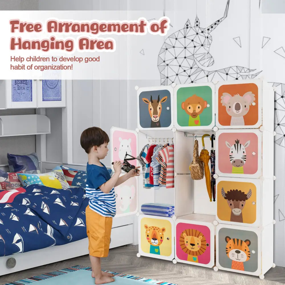 12 Cube Kids Wardrobe Closet with Hanging Section and Doors-White - White - Kids Storage