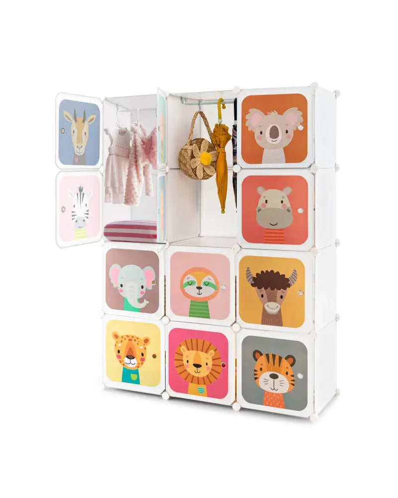 12 Cube Kids Wardrobe Closet with Hanging Section and Doors-White - White - Kids Storage
