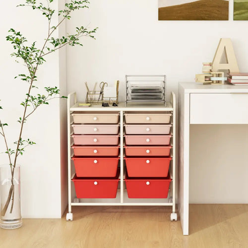 12-Drawer Rolling Storage Cart with Removable Drawers and Lockable Wheels-Pink - Pink - File Cabinets