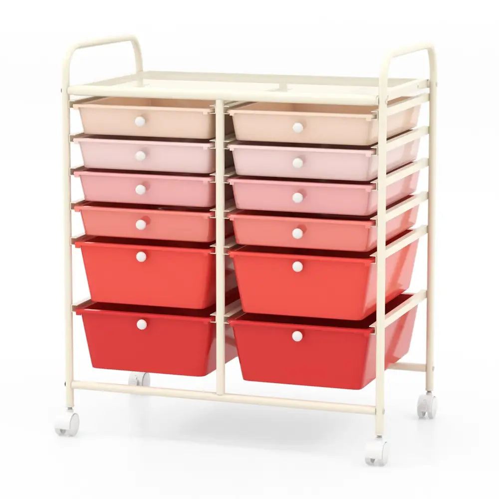 12-Drawer Rolling Storage Cart with Removable Drawers and Lockable Wheels-Pink - Pink - File Cabinets