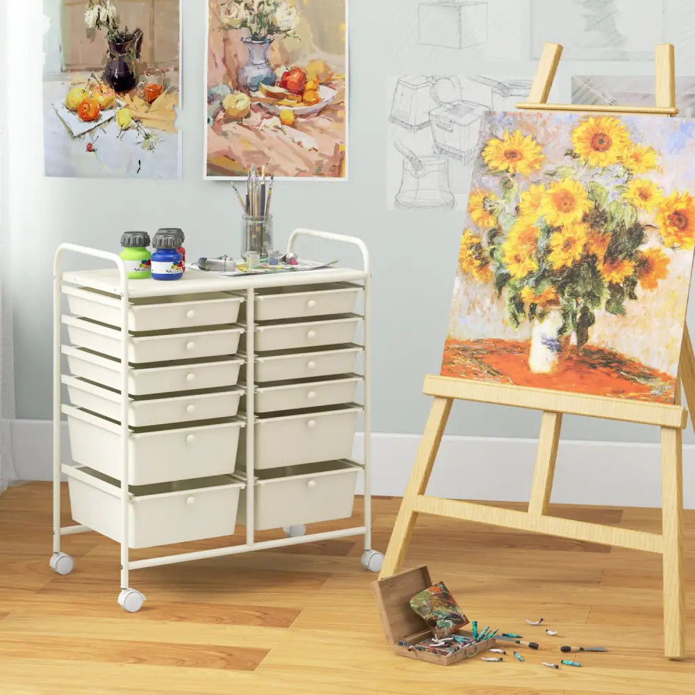 12-Drawer Rolling Storage Cart with Removable Drawers and Lockable Wheels-Beige - Beige - File Cabinets